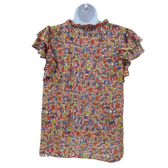 1.State Ruffled Top Sz M Carmine Rose Multicolor Floral Flutter Sleeve Tie Neck - Picture 6 of 10